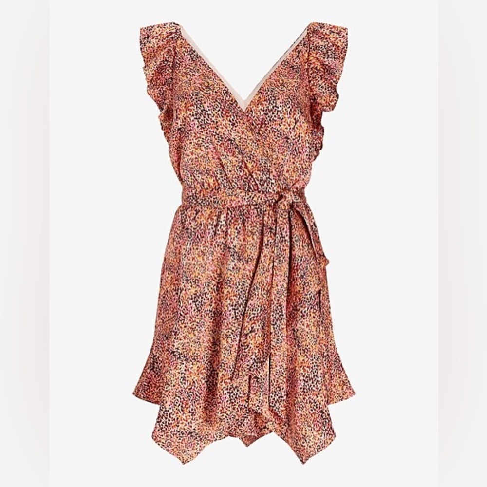 Express Satin Printed Tie Waist Ruffle Dress Size Large